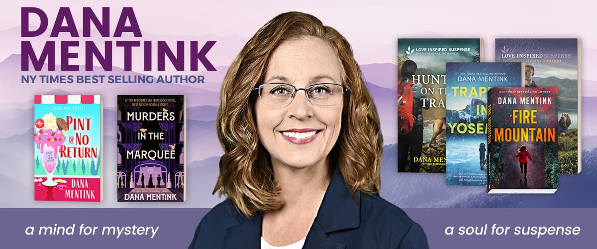 Dana Mentink Header image with her photo and book covers.
